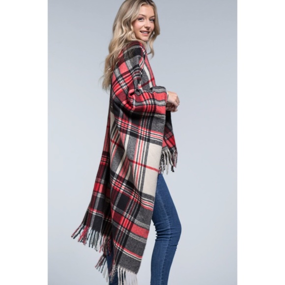 Scarlet Red Holiday Plaid Fringe Accent Knit Fall Winter Ruana Wrap Open Poncho - Picture 4 of 4